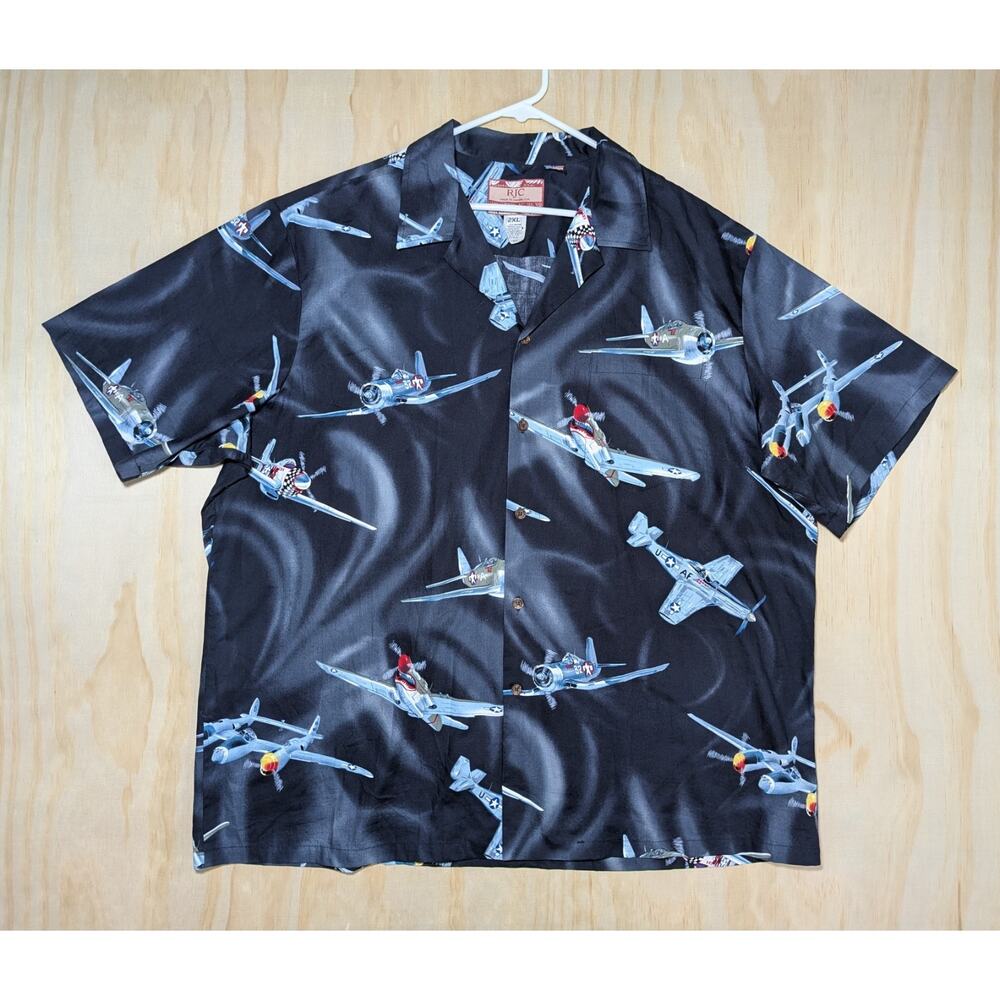 RJC Men's 2XL Hawaiian Shirt WW2 Fighter Plane Aviation Black Cotton Made in USA